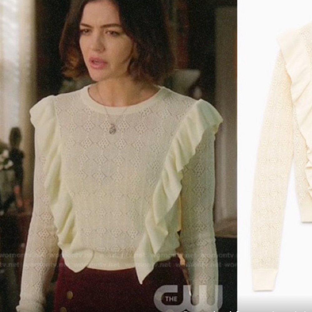 Aritzia-Wilfred feminine ruffle pointelle-knit ivory sweater - Picture 3 of 9